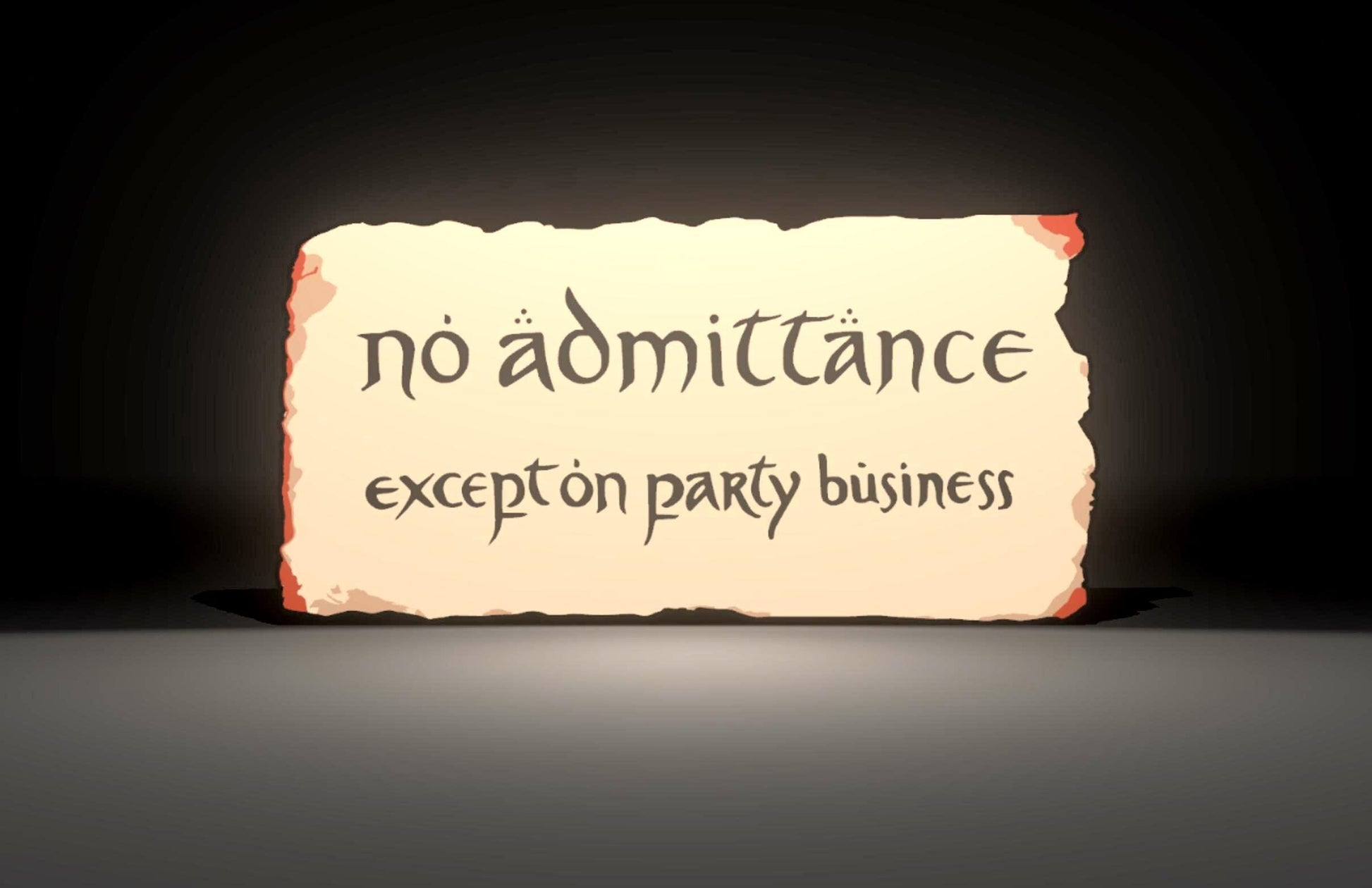 The Lord of the Rings and The Hobbit Inspired "No Acceptance Except on Party Business" Bilbo Baggins and Bagend 3D Wall Sign, Desk Display, or Shelf Souvenir which is internally illuminated with high density LEDs and USB powered. Purchase available for limited time.