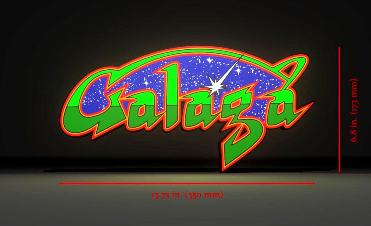 Dimensions for the Galaga (1981) Inspired Arcade Marquee Wall Sign, Desk Display, or Shelf Souvenir which is internally illuminated with high density LEDs and USB powered. Purchase available for limited time.