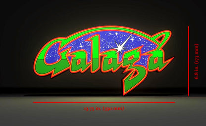 Dimensions for the Galaga (1981) Inspired Arcade Marquee Wall Sign, Desk Display, or Shelf Souvenir which is internally illuminated with high density LEDs and USB powered. Purchase available for limited time.