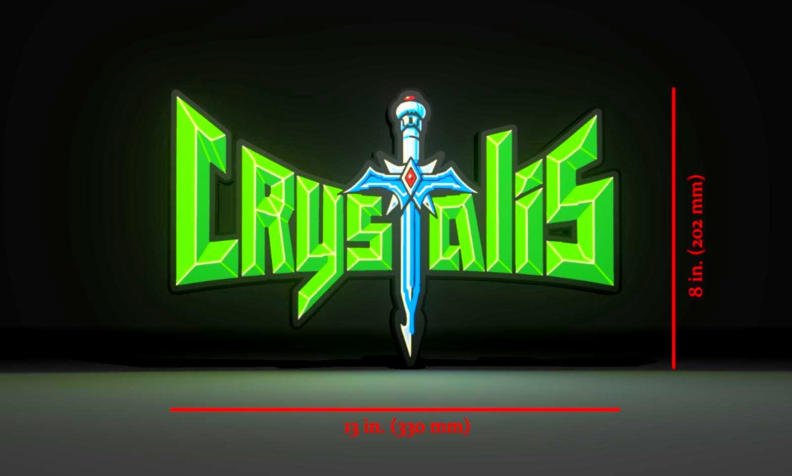 Dimensions for the Crystalis (1990) Inspired 3D Wall Sign, Desk Display, or Shelf Souvenir which is internally illuminated with high density LEDs and USB powered. Purchase available for limited time.
