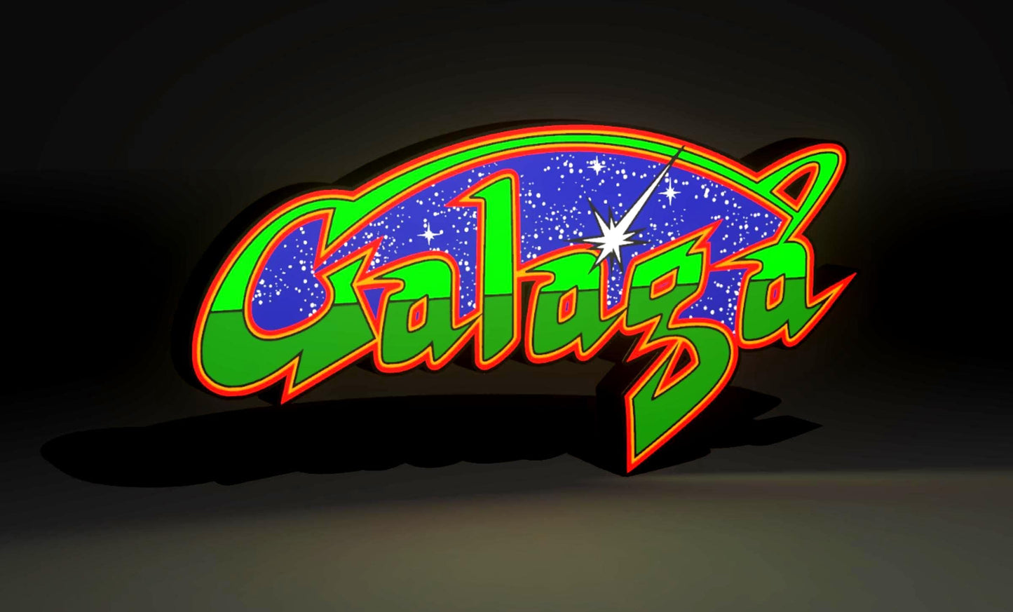 Galaga (1981) Inspired Arcade Marquee Wall Sign, Desk Display, or Shelf Souvenir which is internally illuminated with high density LEDs and USB powered. Purchase available for limited time.