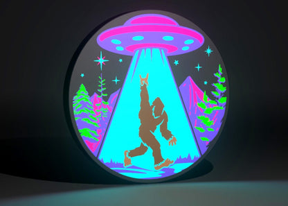 Cyber Neon Sasquatch (Bigfoot) and UFO Inspired Cryptid Wall Sign, Desk Display, or Shelf Souvenir which is internally illuminated with high density LEDs and USB powered. Purchase available for limited time.