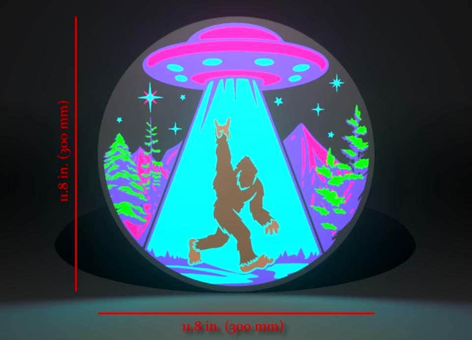 Dimensions for Cyber Neon Sasquatch (Bigfoot) and UFO Inspired Cryptid Wall Sign, Desk Display, or Shelf Souvenir which is internally illuminated with high density LEDs and USB powered. Purchase available for limited time.