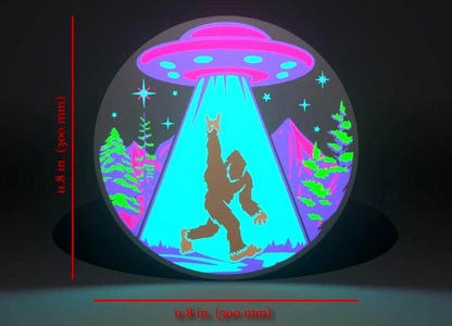 Dimensions for Cyber Neon Sasquatch (Bigfoot) and UFO Inspired Cryptid Wall Sign, Desk Display, or Shelf Souvenir which is internally illuminated with high density LEDs and USB powered. Purchase available for limited time.