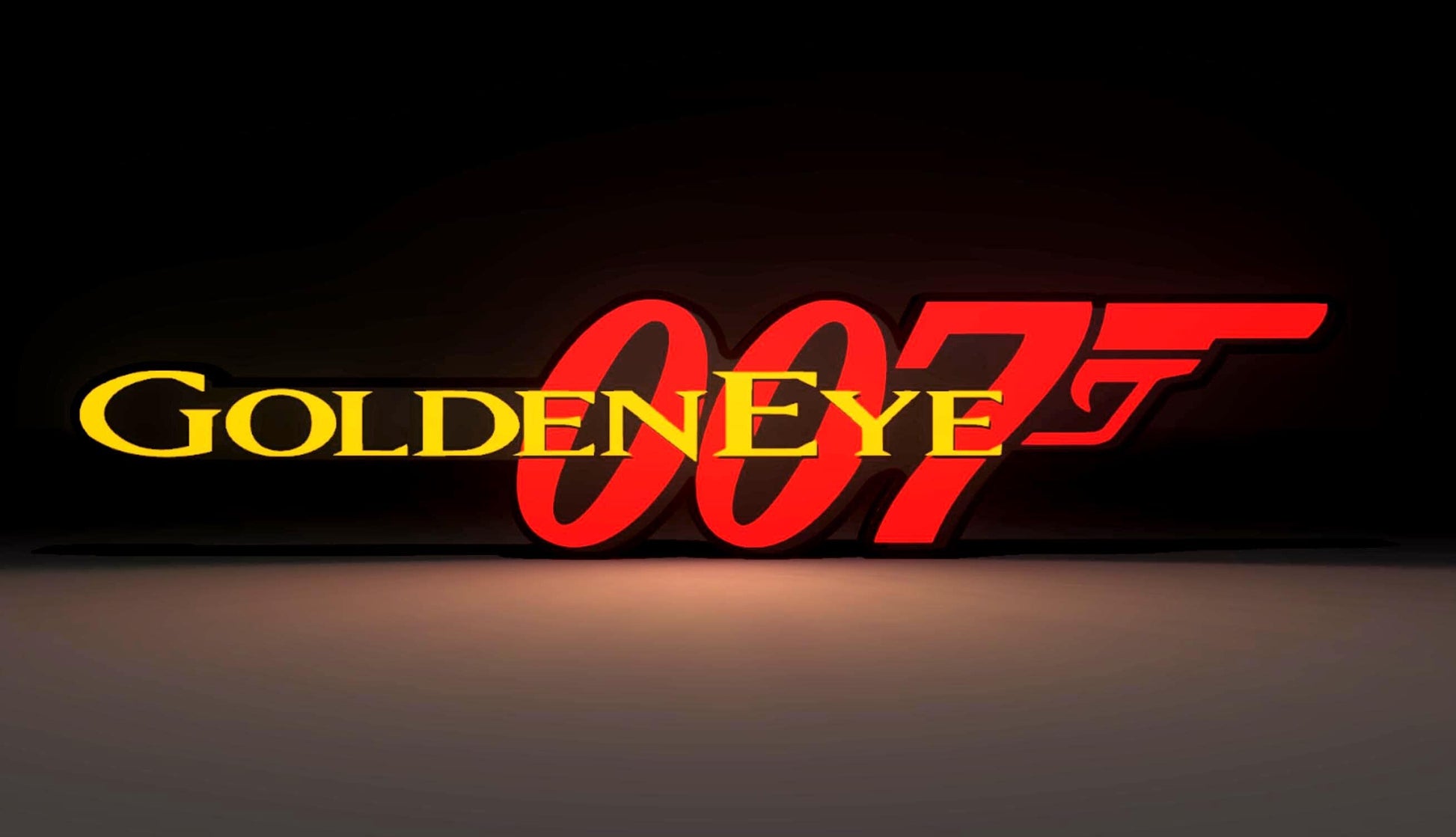 James Bond Inspired Goldeneye 007 Wall Sign, Desk Display, or Shelf Souvenir which is internally illuminated with high density LEDs and USB powered. Purchase available for limited time.