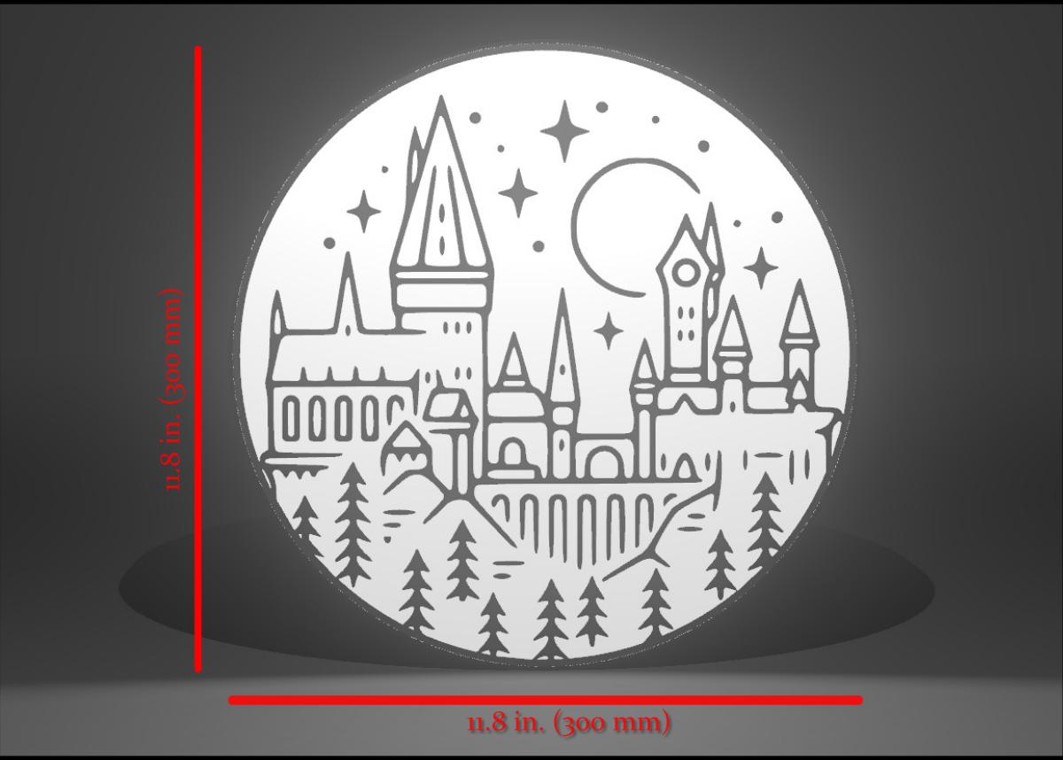 Dimensions for the Harry Potter Inspired Hogwarts School of Witchcraft and Wizardry 3D Wall Sign, Desk Display, or Shelf Souvenir which is internally illuminated with high density LEDs and USB powered. Purchase available for limited time.