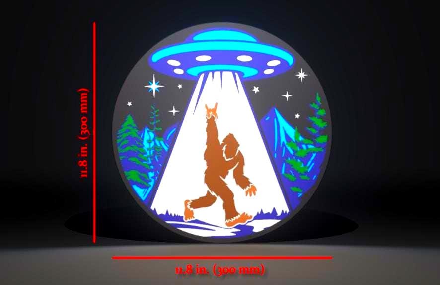 Dimensions for the Sasquatch (Bigfoot) and UFO Inspired Cryptid Wall Sign, Desk Display, or Shelf Souvenir which is internally illuminated with high density LEDs and USB powered. Purchase available for limited time.