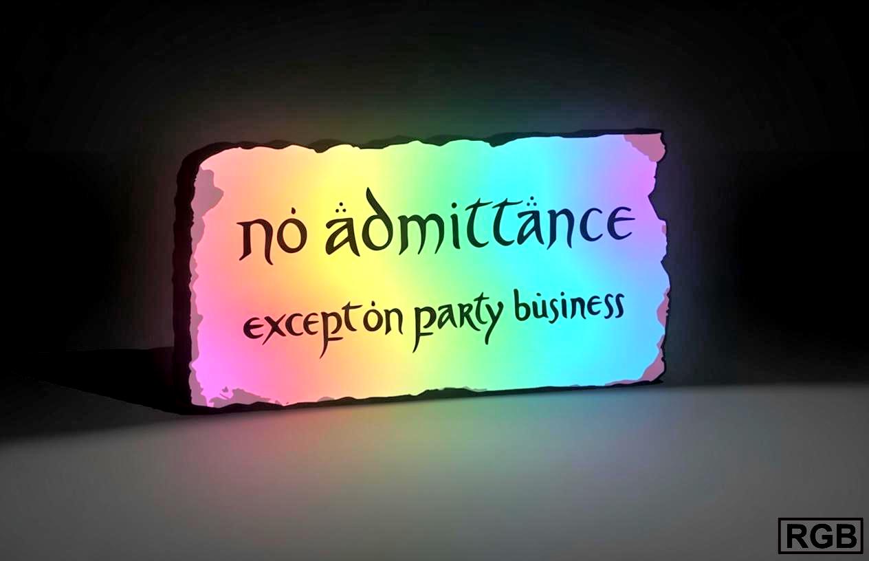 RGB Version (variation) of the Lord of the Rings and The Hobbit Inspired "No Acceptance Except on Party Business" Bilbo Baggins and Bagend 3D Wall Sign, Desk Display, or Shelf Souvenir which is internally illuminated with high density LEDs and USB powered. Purchase available for limited time.