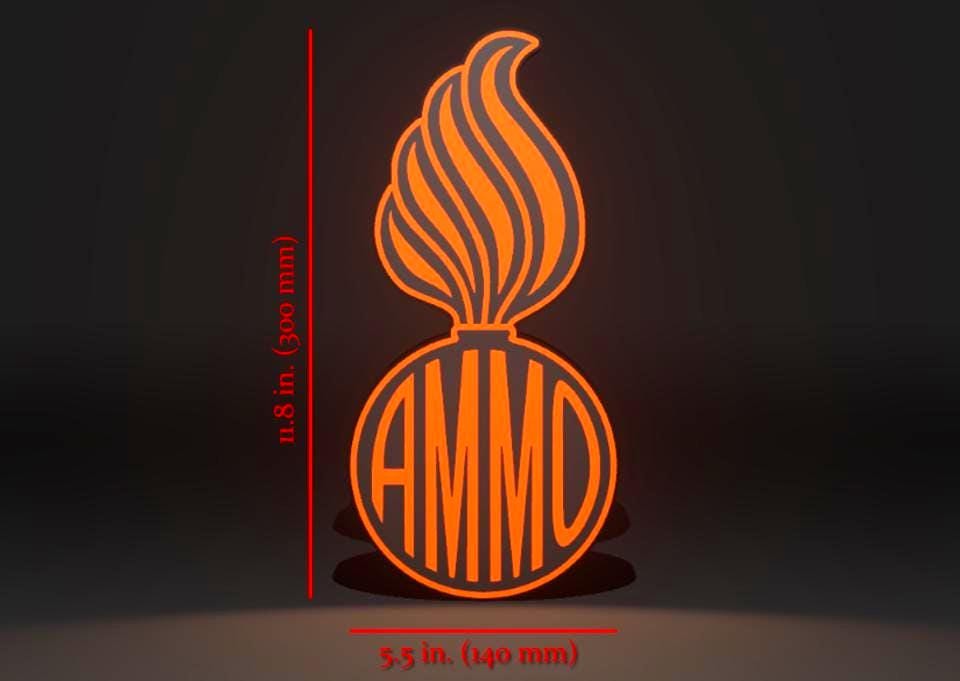 Hazard Plaque Black & Orange versions (variation) the U.S. Air Force (USAF) and U.S. Army AMMO PissPot Custom Insignia Wall Sign, Desk Display, or Shelf Souvenir which is internally illuminated with high density LEDs and USB powered. Purchase available for limited time.