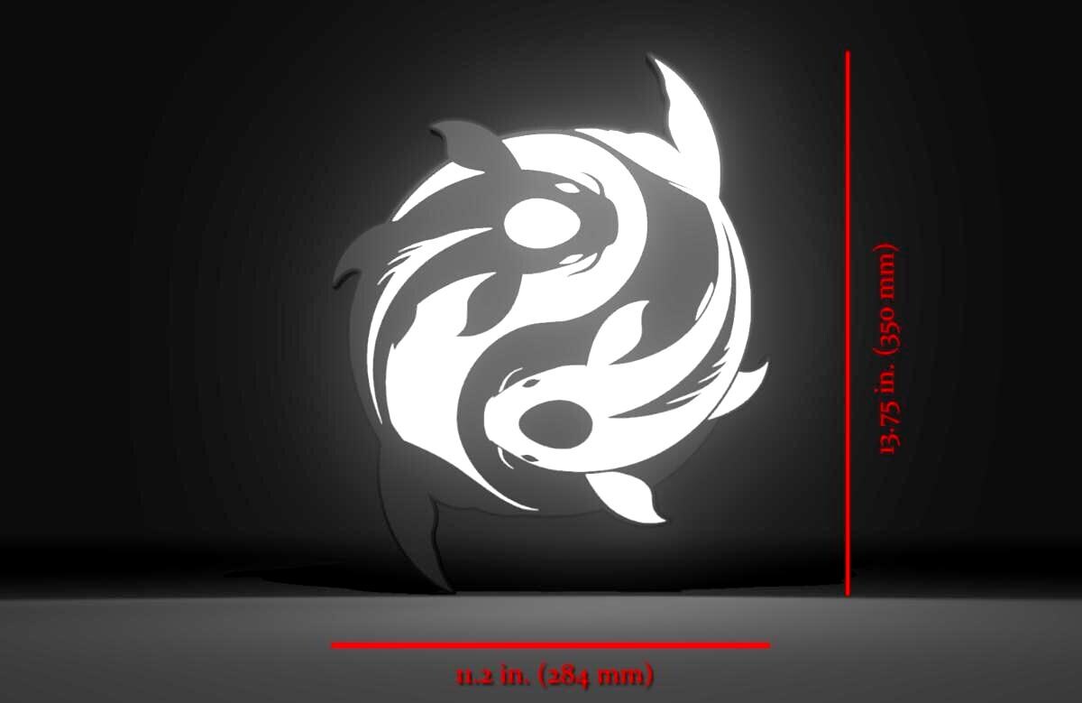 Dimensions for the Avatar the Last Airbender Inspired Tui & La Moon & Ocean Koi Fish Wall Sign, Desk Display, or Shelf Souvenir which is internally illuminated with high density LEDs and USB powered. Purchase available for limited time.