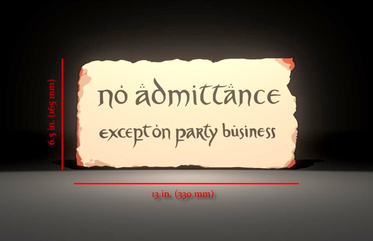 Dimensions for the Lord of the Rings and The Hobbit Inspired "No Acceptance Except on Party Business" Bilbo Baggins and Bagend 3D Wall Sign, Desk Display, or Shelf Souvenir which is internally illuminated with high density LEDs and USB powered. Purchase available for limited time.