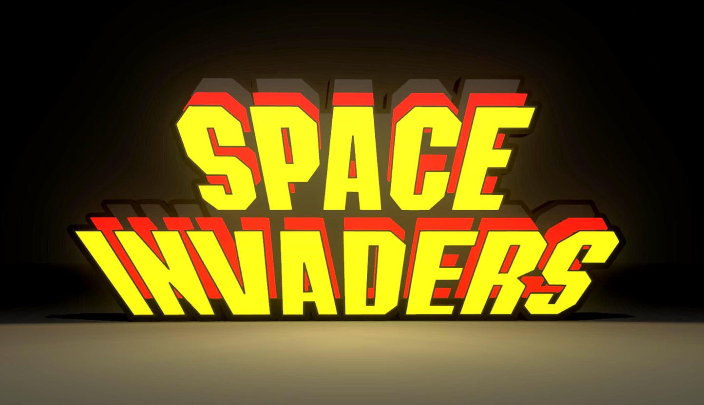 Space Invaders (1978) Inspired Arcade Marquee Wall Sign, Desk Display, or Shelf Souvenir which is internally illuminated with high density LEDs and USB powered. Purchase available for limited time.