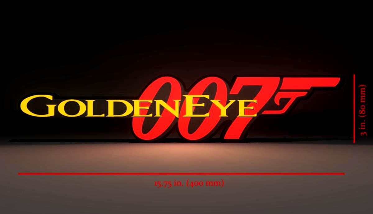 Dimensions for the James Bond Inspired Goldeneye 007 Wall Sign, Desk Display, or Shelf Souvenir which is internally illuminated with high density LEDs and USB powered. Purchase available for limited time.