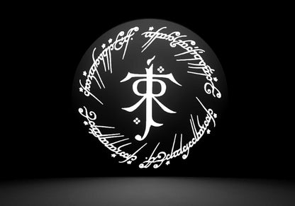 LOTR Tolkien Monogram & The One Ring Script Wall Sign, Desk Display, or Shelf Souvenir which is internally illuminated with high density LEDs and USB powered. Purchase available for limited time.
