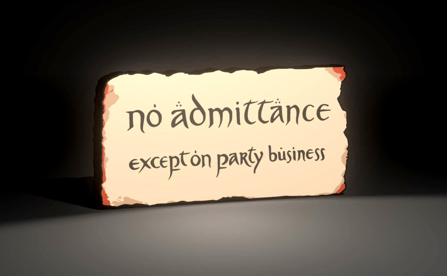 The Lord of the Rings and The Hobbit Inspired "No Acceptance Except on Party Business" Bilbo Baggins and Bagend 3D Wall Sign, Desk Display, or Shelf Souvenir which is internally illuminated with high density LEDs and USB powered. Purchase available for limited time.