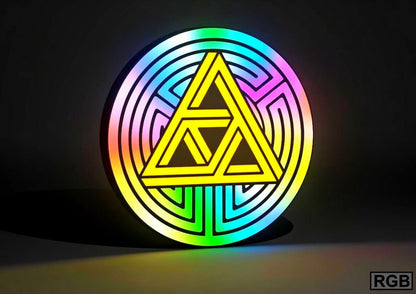 The Legend of Zelda Inspired Tri-Force Wall Sign, Desk Display, or Shelf Souvenir which is internally illuminated with high density LEDs and USB powered. Purchase available for limited time.