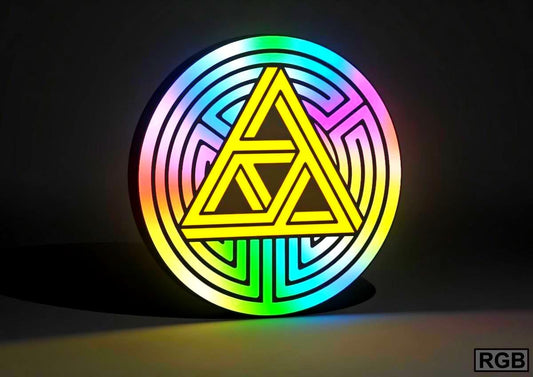 The Legend of Zelda Inspired Tri-Force Wall Sign, Desk Display, or Shelf Souvenir which is internally illuminated with high density LEDs and USB powered. Purchase available for limited time.