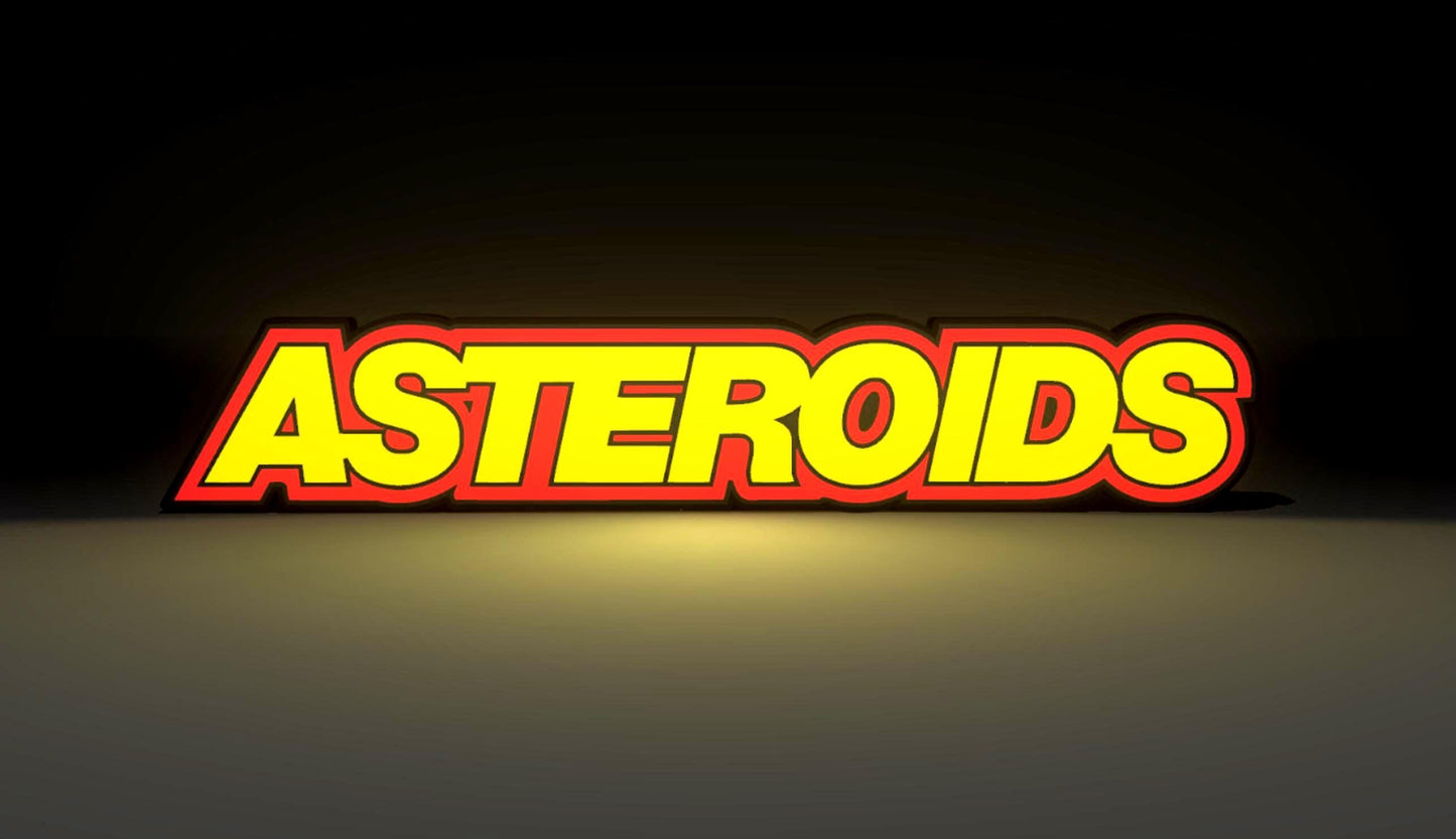 ASTEROIDS (1979) Inspired Arcade Marquee Wall Sign, Desk Display, or Shelf Souvenir which is internally illuminated with high density LEDs and USB powered. Purchase available for limited time.