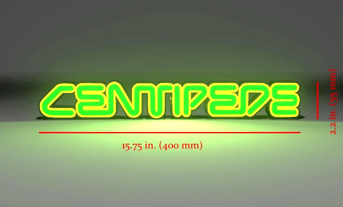 Dimensions for the Centipede (1981) Inspired Arcade Marquee Wall Sign, Desk Display, or Shelf Souvenir which is internally illuminated with high density LEDs and USB powered. Purchase available for limited time.