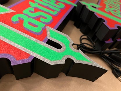 Close-up of the Castlevania (1986) Inspired 3D Wall Sign, Desk Display, or Shelf Souvenir which is internally illuminated with high density LEDs and USB powered. Purchase available for limited time.