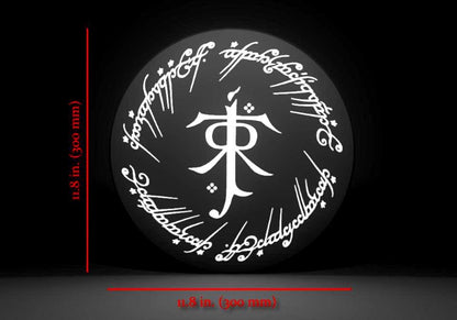 Dimensions for LOTR Tolkien Monogram & The One Ring Script Wall Sign, Desk Display, or Shelf Souvenir which is internally illuminated with high density LEDs and USB powered. Purchase available for limited time.