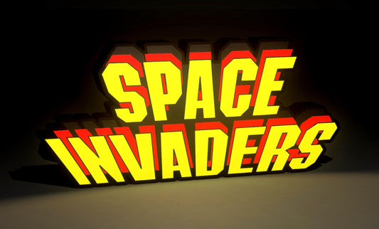 Space Invaders (1978) Inspired Arcade Marquee Wall Sign, Desk Display, or Shelf Souvenir which is internally illuminated with high density LEDs and USB powered. Purchase available for limited time.