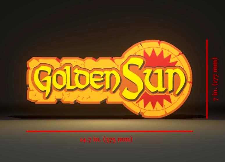 Dimensions for the Golden Sun (2001) Inspired 3D Wall Sign, Desk Display, or Shelf Souvenir which is internally illuminated with high density LEDs and USB powered. Purchase available for limited time.