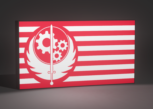 Fallout Inspired Brotherhood of Steel Flag & Logo as a Wall Sign, Desk Display, or Shelf Souvenir which is internally illuminated with high density LEDs and USB powered. Purchase available for limited time.