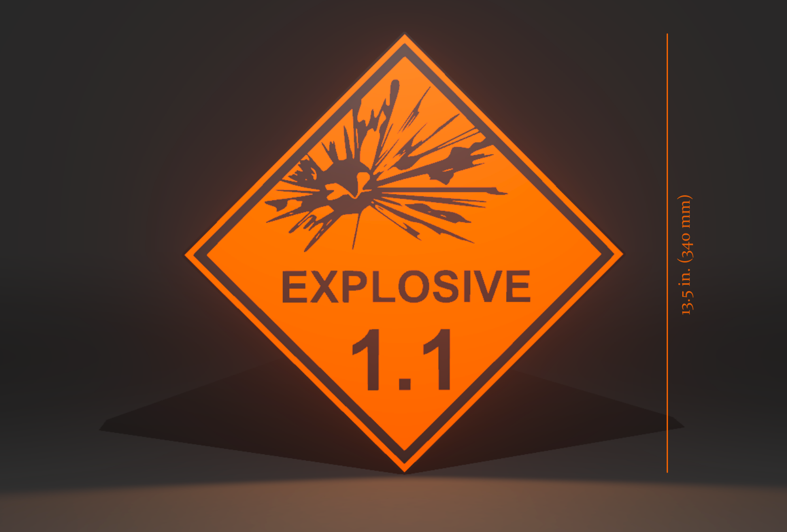 Dimensions for the Explosive Placard 1.1 Hazard Class Division 3D Wall Sign, Desk Display, or Shelf Souvenir which is internally illuminated with high density LEDs and USB powered. Purchase available for limited time.
