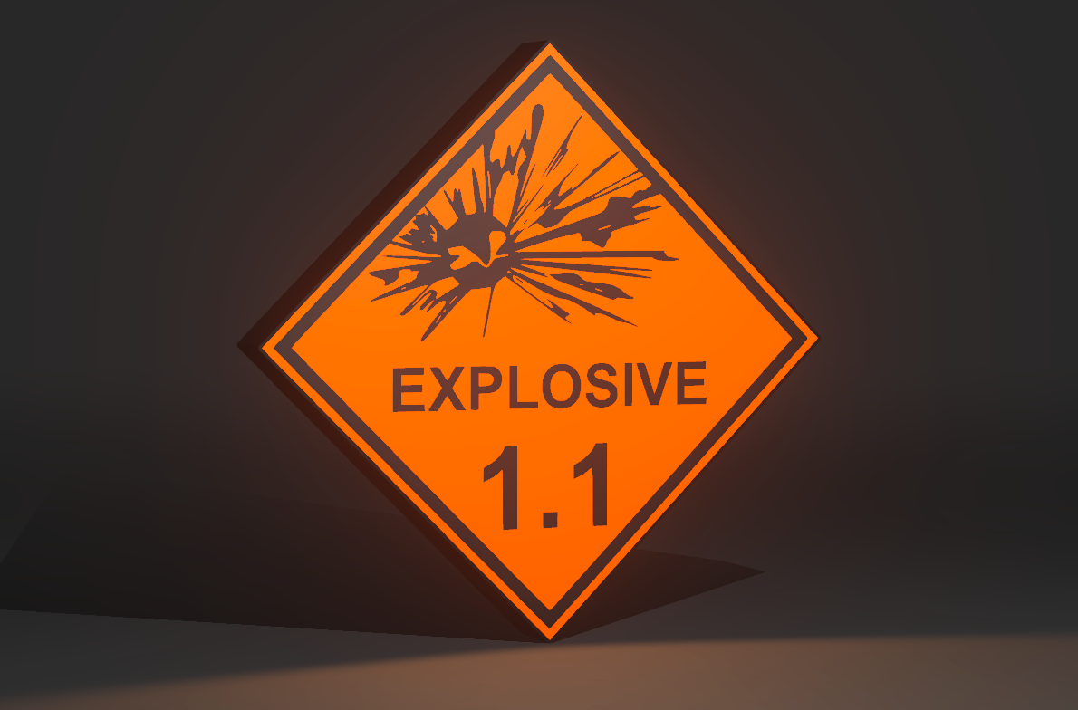Explosive Placard 1.1 Hazard Class Division 3D Wall Sign, Desk Display, or Shelf Souvenir which is internally illuminated with high density LEDs and USB powered. Purchase available for limited time.