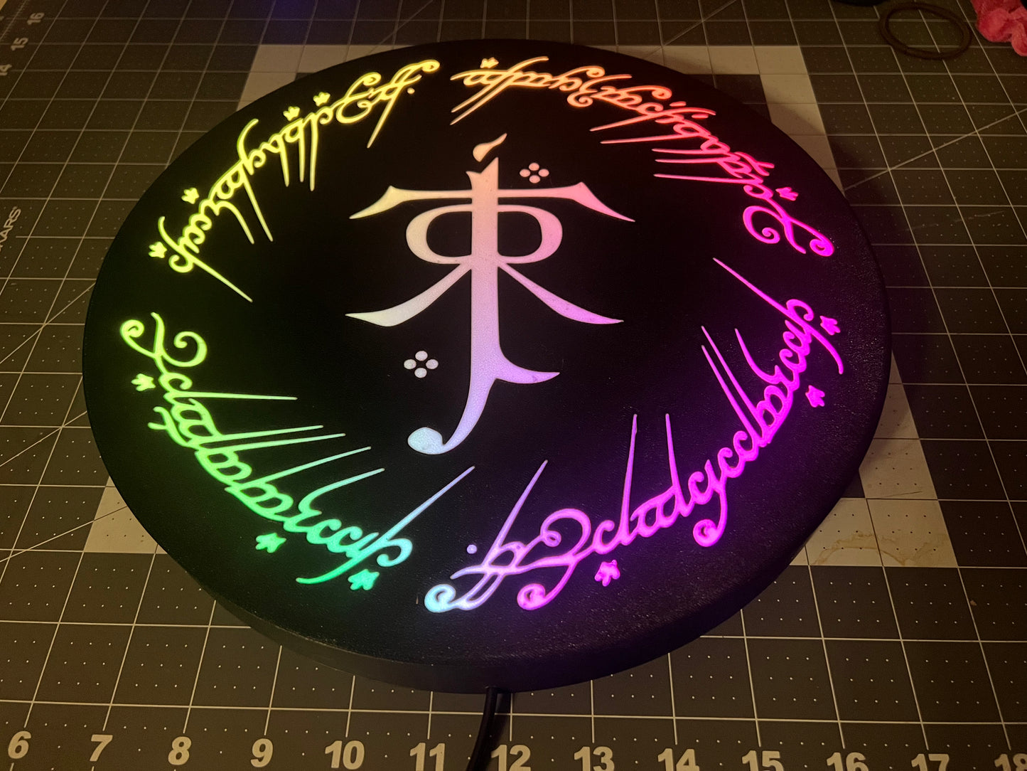 LOTR Tolkien Monogram & The One Ring Script Wall Sign, Desk Display, or Shelf Souvenir which is internally illuminated with high density LEDs and USB powered. Purchase available for limited time.