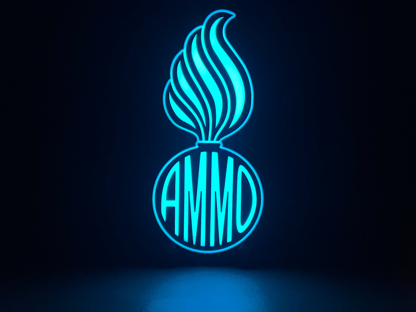 RGB Version (variation) of the U.S. Air Force (USAF) and U.S. Army AMMO PissPot Custom Insignia Wall Sign, Desk Display, or Shelf Souvenir which is internally illuminated with high density LEDs and USB powered. Purchase available for limited time.