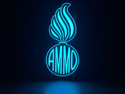 RGB Version (variation) of the U.S. Air Force (USAF) and U.S. Army AMMO PissPot Custom Insignia Wall Sign, Desk Display, or Shelf Souvenir which is internally illuminated with high density LEDs and USB powered. Purchase available for limited time.