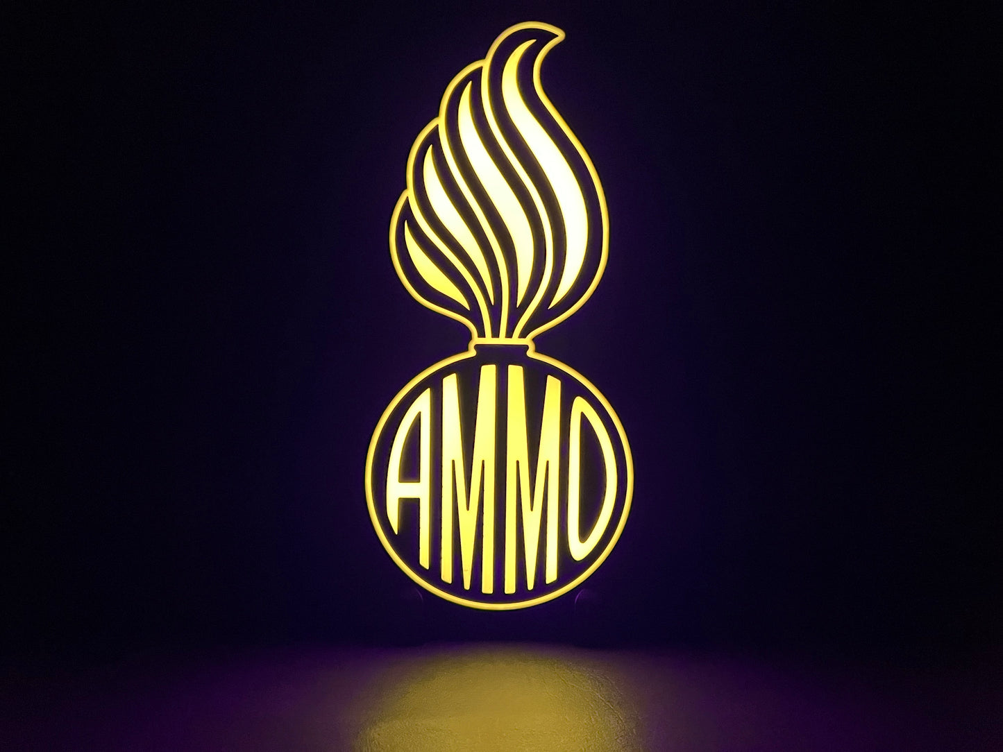 RGB Version (variation) of the U.S. Air Force (USAF) and U.S. Army AMMO PissPot Custom Insignia Wall Sign, Desk Display, or Shelf Souvenir which is internally illuminated with high density LEDs and USB powered. Purchase available for limited time.