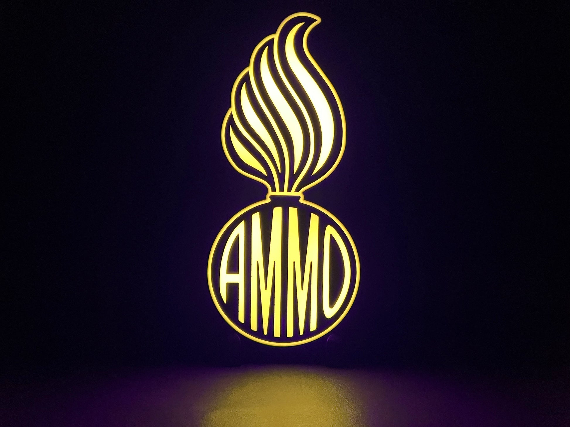 RGB Version (variation) of the U.S. Air Force (USAF) and U.S. Army AMMO PissPot Custom Insignia Wall Sign, Desk Display, or Shelf Souvenir which is internally illuminated with high density LEDs and USB powered. Purchase available for limited time.