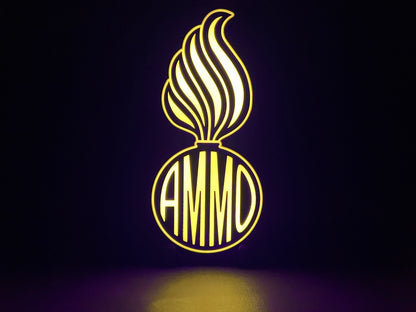 RGB Version (variation) of the U.S. Air Force (USAF) and U.S. Army AMMO PissPot Custom Insignia Wall Sign, Desk Display, or Shelf Souvenir which is internally illuminated with high density LEDs and USB powered. Purchase available for limited time.
