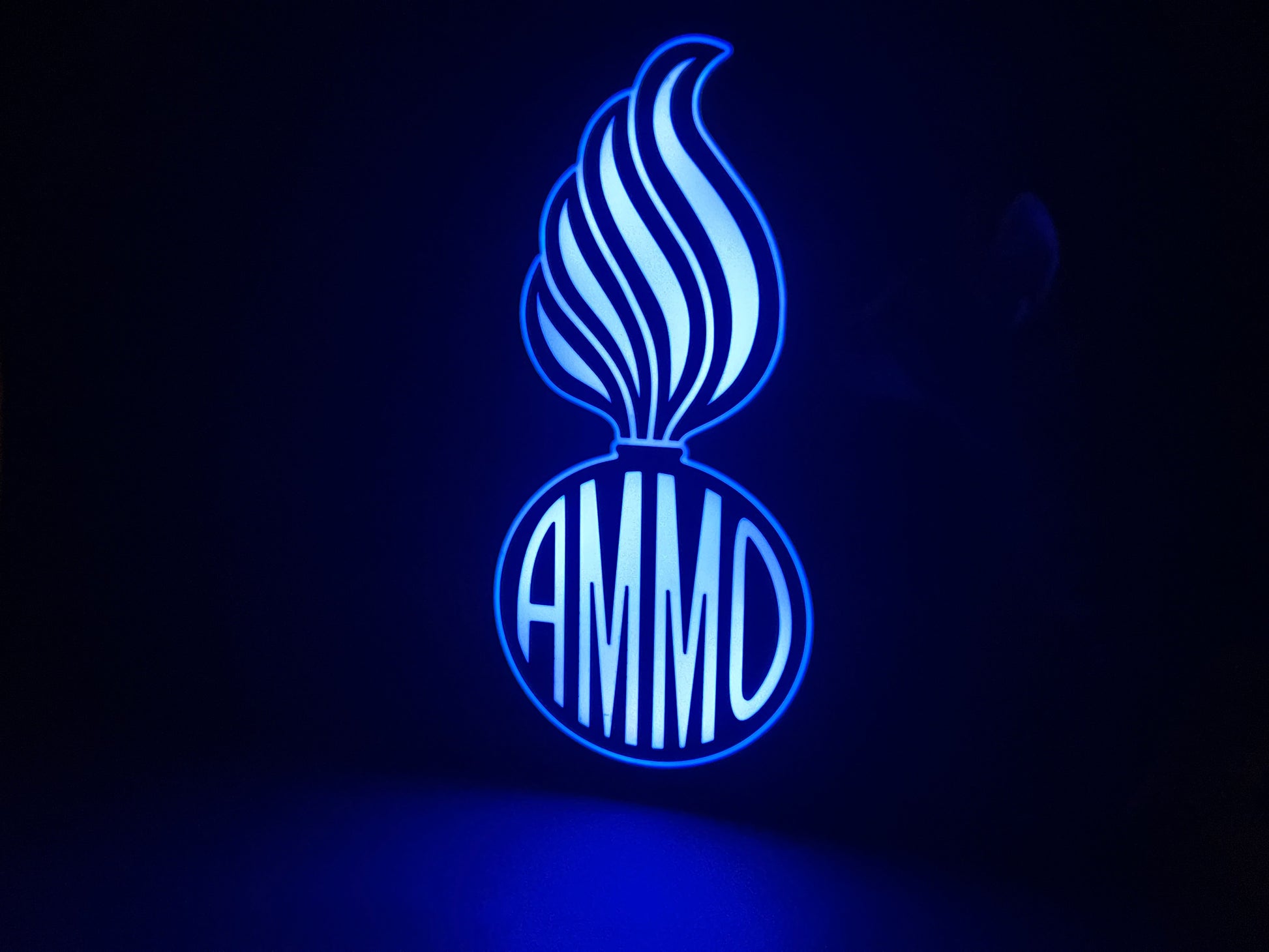 RGB Version (variation) of the U.S. Air Force (USAF) and U.S. Army AMMO PissPot Custom Insignia Wall Sign, Desk Display, or Shelf Souvenir which is internally illuminated with high density LEDs and USB powered. Purchase available for limited time.