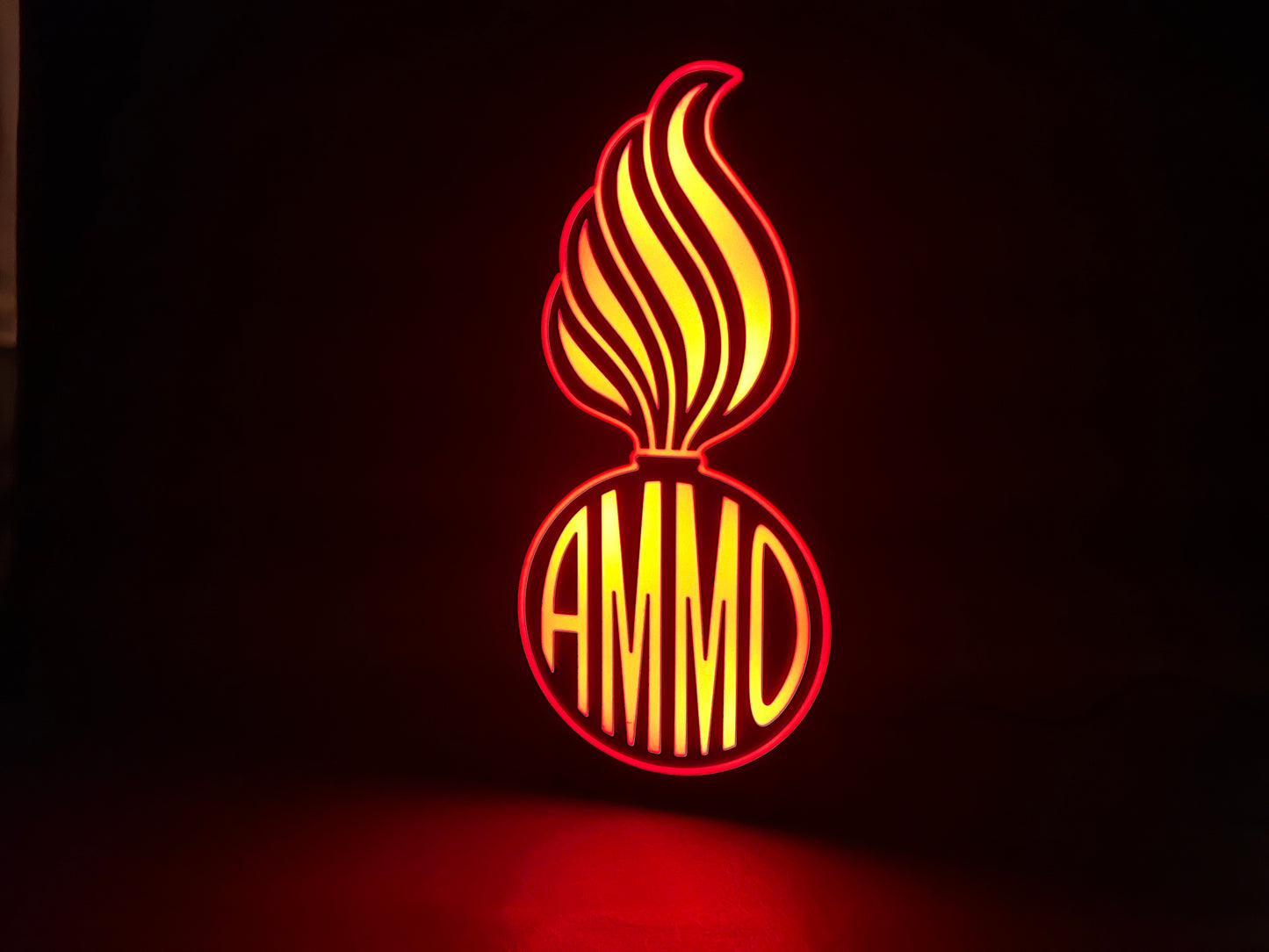 The RGB Version (variation) The U.S. Air Force (USAF) and U.S. Army AMMO PissPot Custom Insignia Wall Sign, Desk Display, or Shelf Souvenir which is internally illuminated with high density LEDs and USB powered. Purchase available for limited time.
