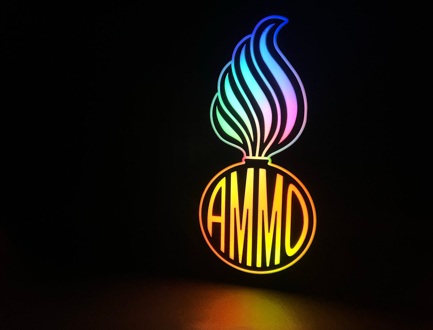 The RGB Version (variation) of the U.S. Air Force (USAF) and U.S. Army AMMO PissPot Custom Insignia Wall Sign, Desk Display, or Shelf Souvenir which is internally illuminated with high density LEDs and USB powered. Purchase available for limited time.