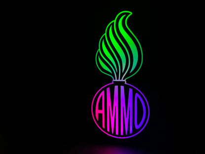 RGB Version (variation) of the U.S. Air Force (USAF) and U.S. Army AMMO PissPot Custom Insignia Wall Sign, Desk Display, or Shelf Souvenir which is internally illuminated with high density LEDs and USB powered. Purchase available for limited time.