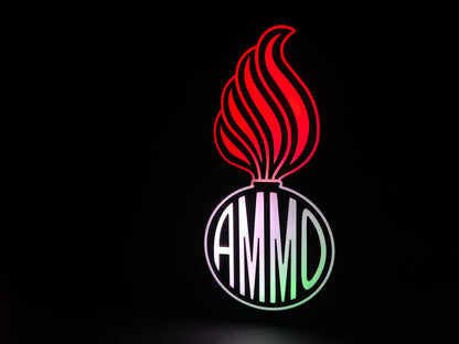 The RGB Version (variation) of the U.S. Air Force (USAF) and U.S. Army AMMO PissPot Custom Insignia Wall Sign, Desk Display, or Shelf Souvenir which is internally illuminated with high density LEDs and USB powered. Purchase available for limited time.