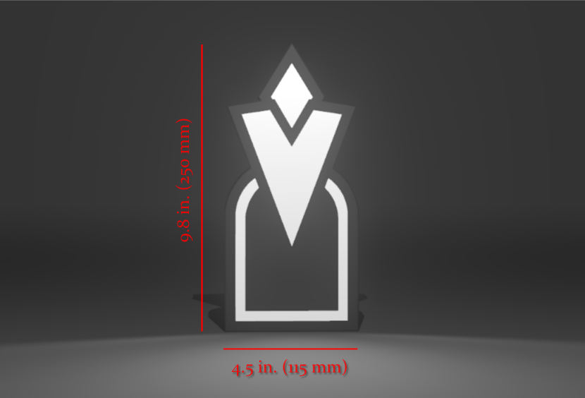 Dimensions for the Skyrim Inspired Custom Quest Marker Wall Sign, Desk Display, or Shelf Souvenir which is internally illuminated with high density LEDs and USB powered. Purchase available for limited time.