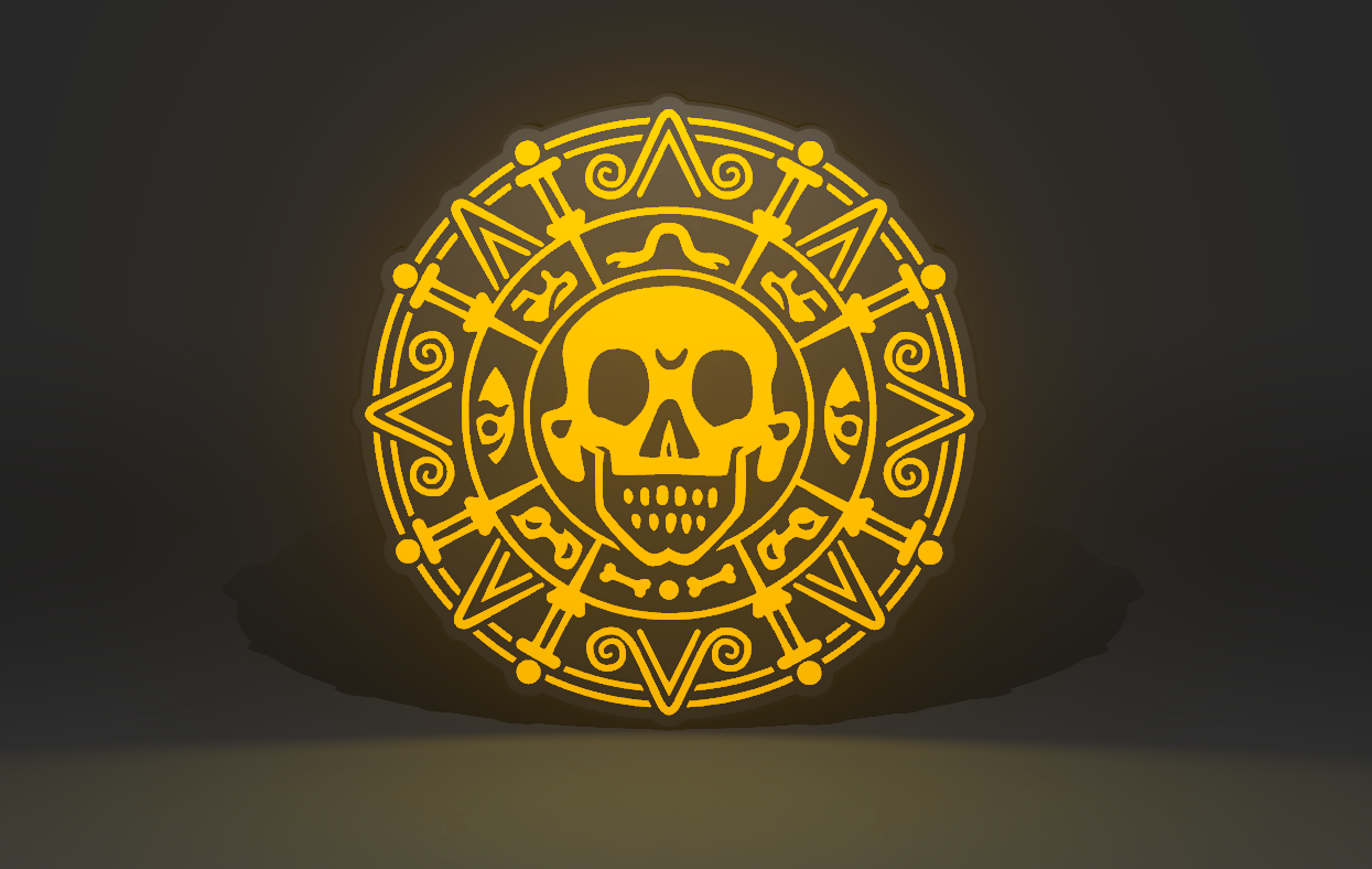 Pirates of the Caribbean Inspired Cursed Aztec Gold as a Wall Sign, Desk Display, or Shelf Souvenir which is internally illuminated with high density LEDs and USB powered. Purchase available for limited time.