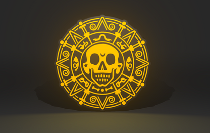 Pirates of the Caribbean Inspired Cursed Aztec Gold as a Wall Sign, Desk Display, or Shelf Souvenir which is internally illuminated with high density LEDs and USB powered. Purchase available for limited time.