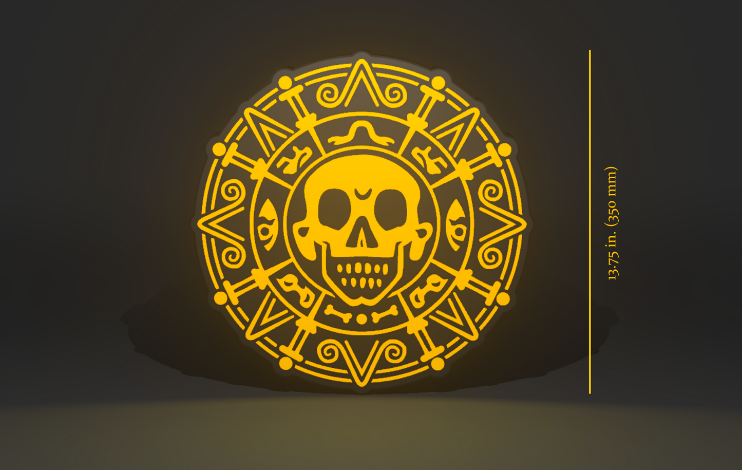 Pirates of the Caribbean Inspired Cursed Aztec Gold as a Wall Sign, Desk Display, or Shelf Souvenir which is internally illuminated with high density LEDs and USB powered. Purchase available for limited time.