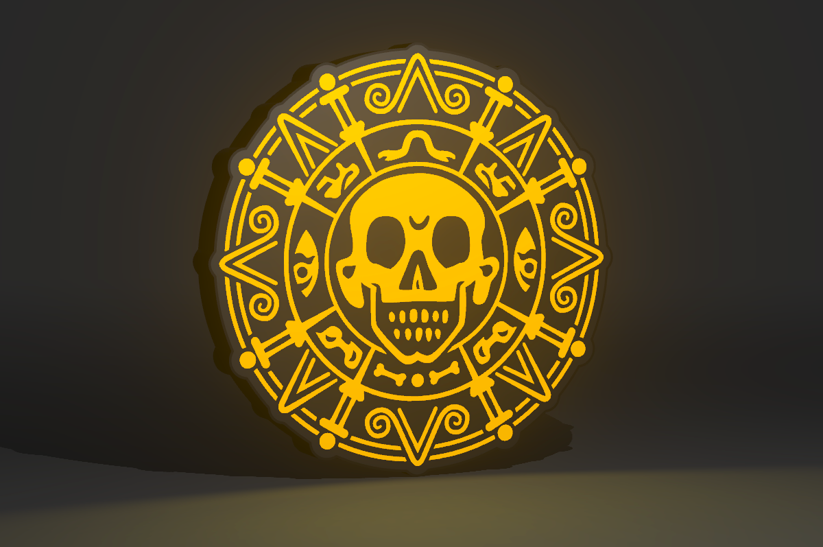 Pirates of the Caribbean Inspired Cursed Aztec Gold as a Wall Sign, Desk Display, or Shelf Souvenir which is internally illuminated with high density LEDs and USB powered. Purchase available for limited time.