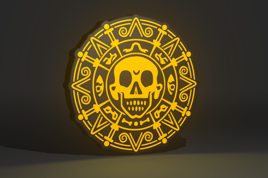 Pirates of the Caribbean Inspired Cursed Aztec Gold as a Wall Sign, Desk Display, or Shelf Souvenir which is internally illuminated with high density LEDs and USB powered. Purchase available for limited time.