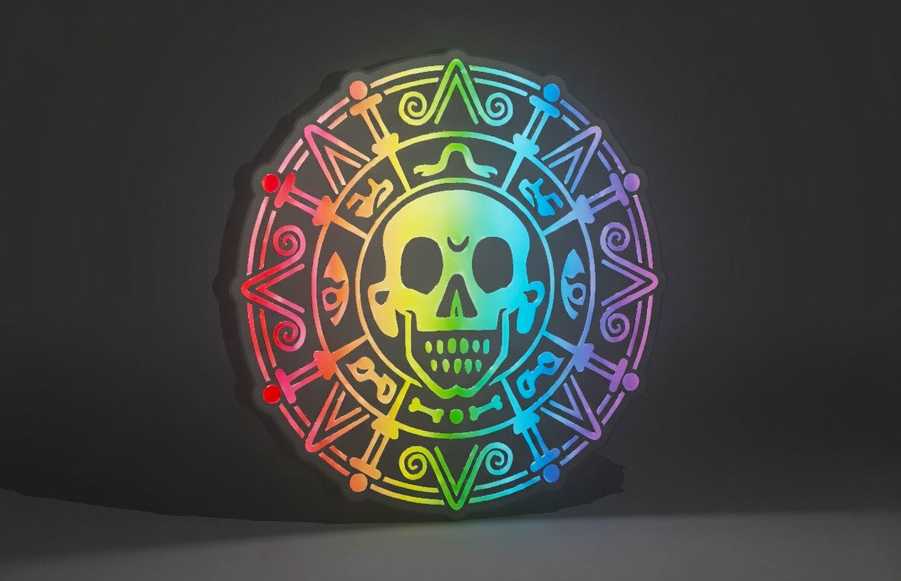 RGB Version (variation) of the Pirates of the Caribbean Inspired Cursed Aztec Gold as a Wall Sign, Desk Display, or Shelf Souvenir which is internally illuminated with high density LEDs and USB powered. Purchase available for limited time.