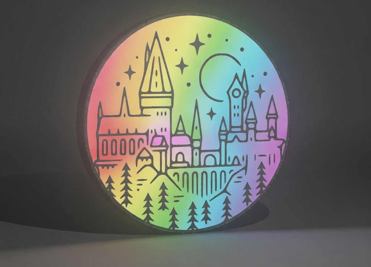 RGB Version (variation) of the Harry Potter Inspired Hogwarts School of Witchcraft and Wizardry 3D Wall Sign, Desk Display, or Shelf Souvenir which is internally illuminated with high density LEDs and USB powered. Purchase available for limited time.