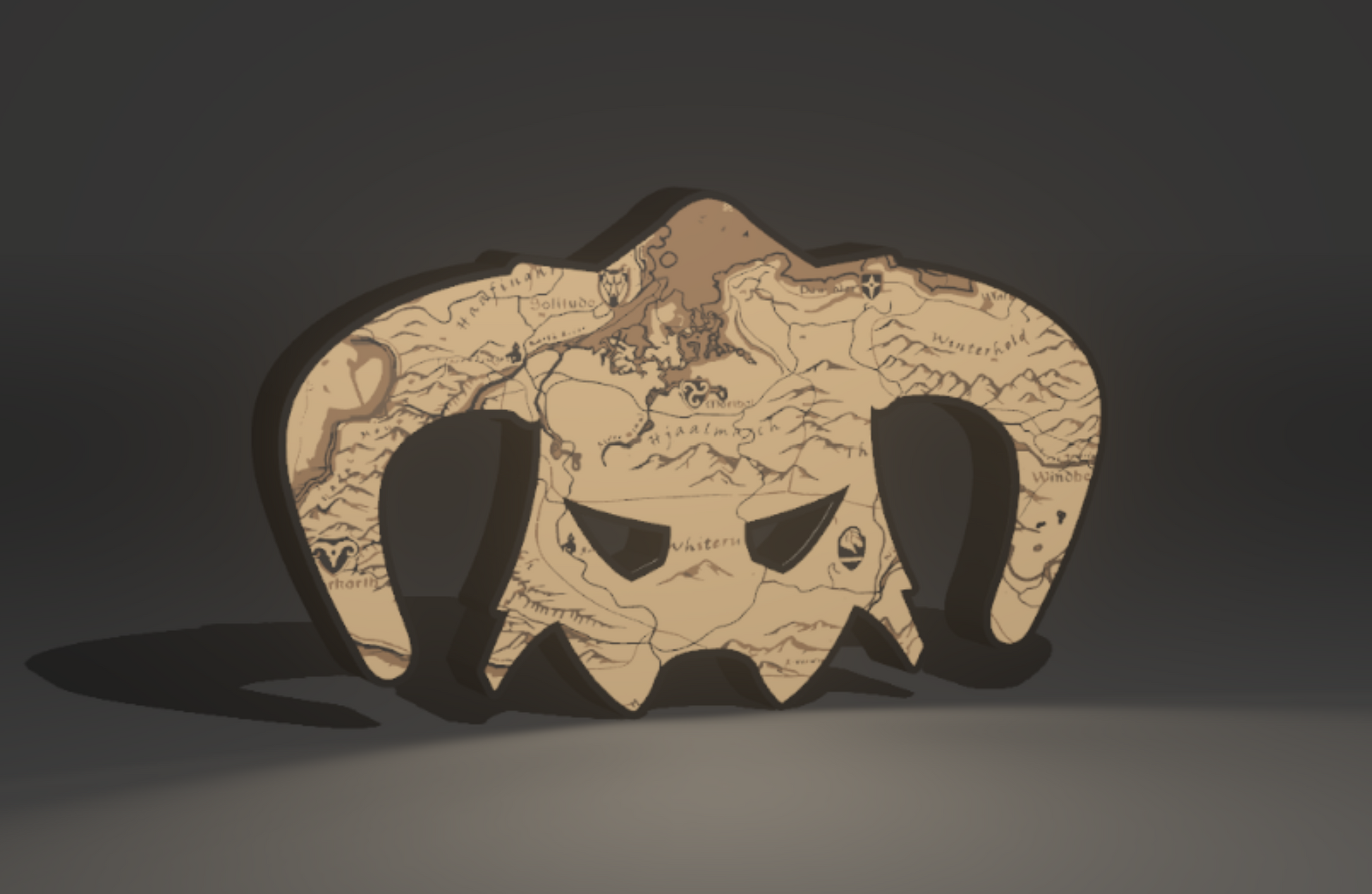 Skyrim Inspired Dragonborn Iron Helm (Helmet) and World Map Wall Sign, Desk Display, or Shelf Souvenir which is internally illuminated with high density LEDs and USB powered. Purchase available for limited time.